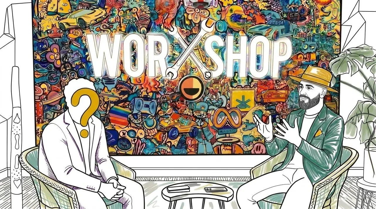 Title card for the Worxshop Series: two figures in conversation in front of a mural